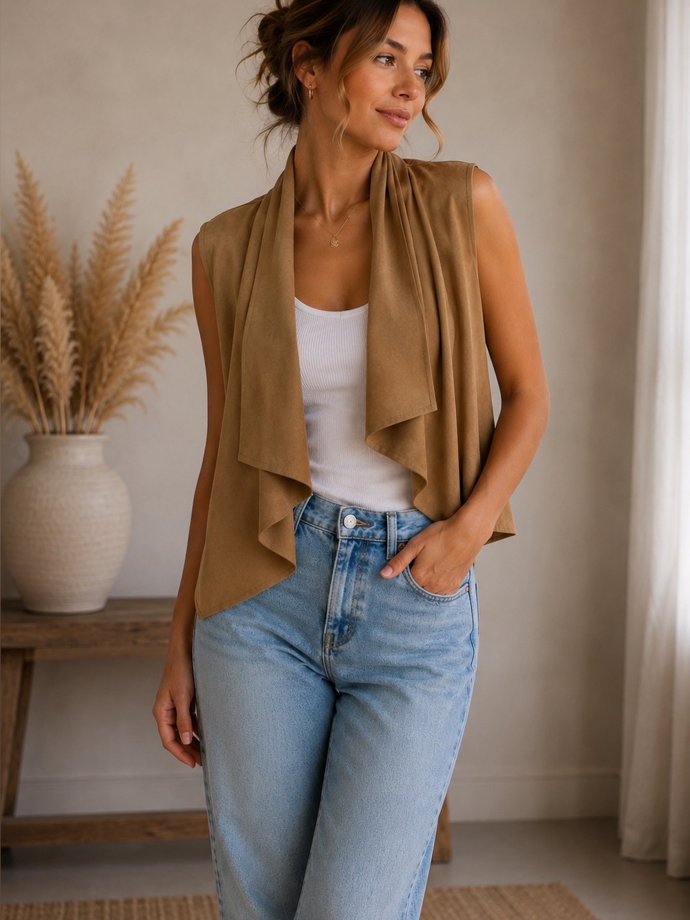 Katherine Barclay Faux-Suede Vest in Camel Brown size medium taupe Montreal